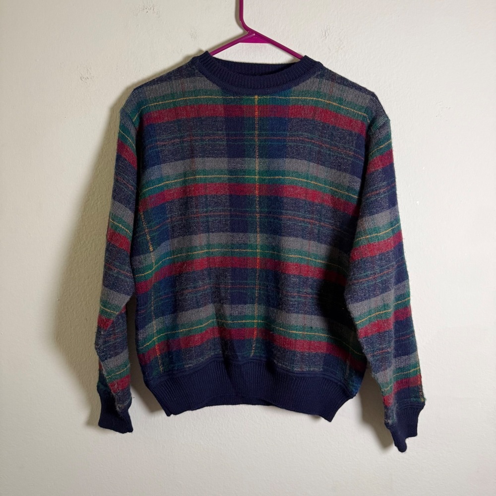 Club Room Vintage 100% Lambswool Plaid Crewneck Sweater Navy Burgundy Green S